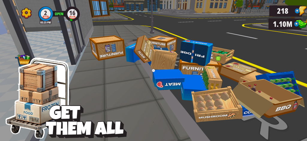 Pizza Store Simulator - ピザ屋の前にある歩道に積み上げられた家具や食材を含む、配達用ボックスとクレートのコレクション。