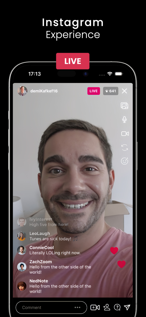Famefun: Influencer Experience - A man streaming on a simulated Instagram Live interface within the Famefun influencer app.