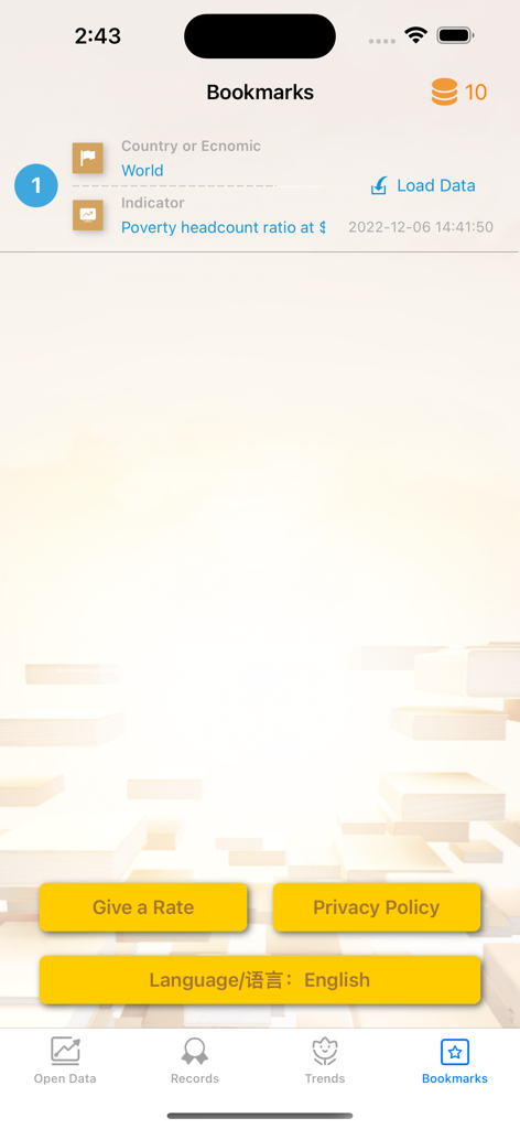 WorldBank WDI Data Browser - Page des favoris de l'application mobile WorldBank WDI Data Browser montrant un indicateur économique enregistré.