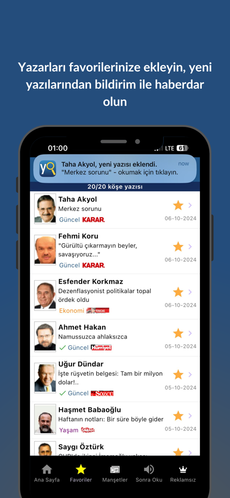 Köşe Yazarları - Yazaroku.Com - Mobile app screen showing a list of favorite Turkish columnists and a push notification for a new article.