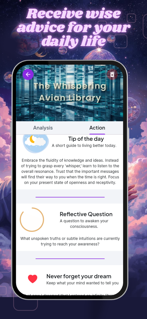 Dream AI: Dream Interpreter - Dream AI app interface displaying daily life advice and reflective questions derived from dream analysis.