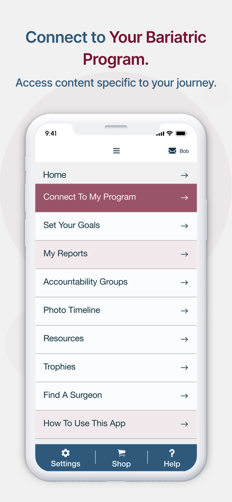 Baritastic - Bariatric Tracker - Baritasticアプリのメニューを表示するスマートフォン画面。肥満プログラムへの接続や進捗状況の追跡などのオプションがあります。