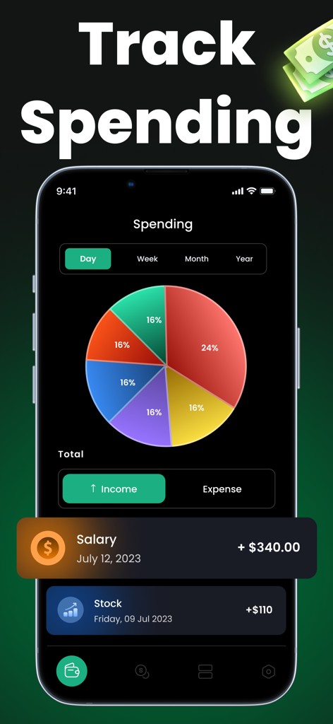 Budget Planner: Money Manager - Budget Planner app screen with a pie chart for tracking spending and income logs