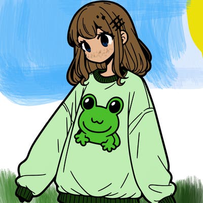 girl wearing frogging sweatshirt