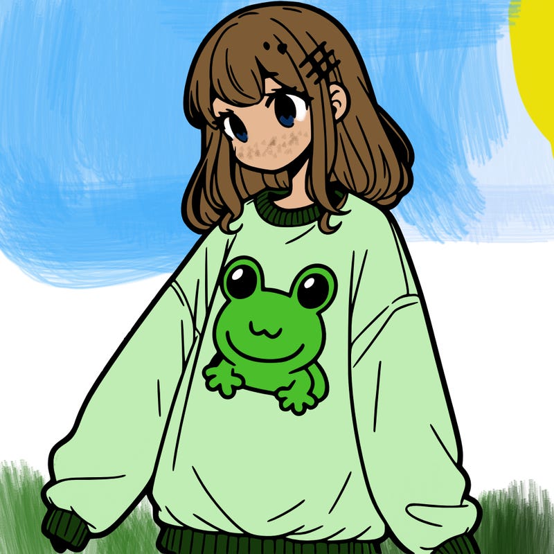 girl wearing frogging sweatshirt