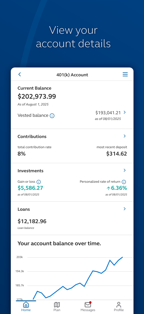 Principal mobile app interface showing 401k account balance contributions and investment performance graph
