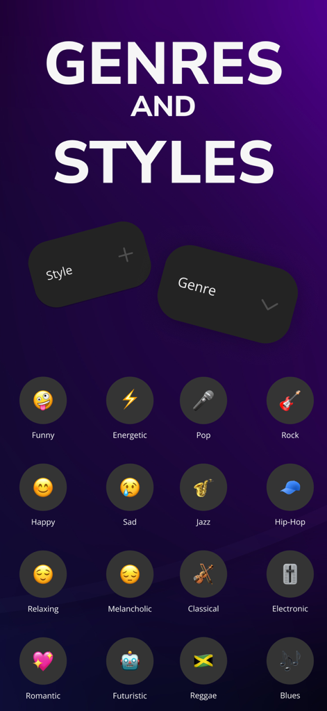 AI Song Generator - Mozart - Interfaz de la aplicación Mozart AI Song Generator que muestra opciones de géneros y estilos musicales como Pop Rock Hip Hop y Jazz