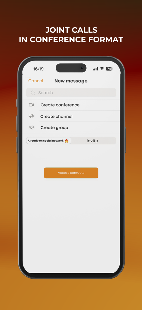 AFree - Pantalla de la aplicación AFree para iniciar llamadas conjuntas en formato de conferencia con opciones para crear canales y grupos
