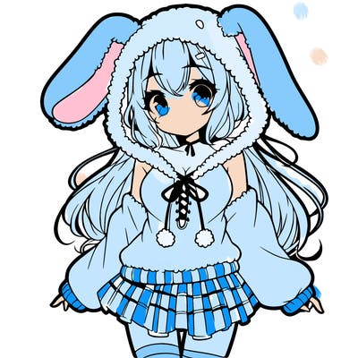 pretty anime girl wearing a fluffy hoodie with bunny ears on the hood and a skirt