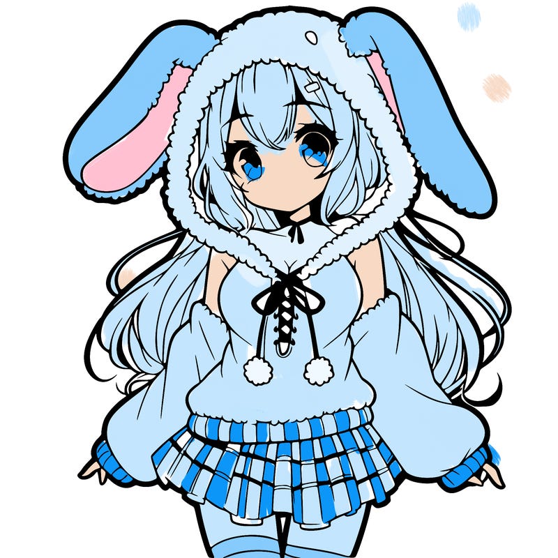 pretty anime girl wearing a fluffy hoodie with bunny ears on the hood and a skirt