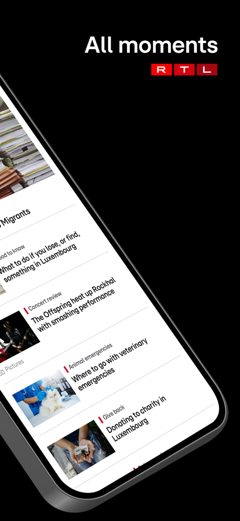 RTL Today - RTL Todayアプリのスクリーンショット。ローカルなルクセンブルクの記事やライフスタイルガイドが「All moments」の見出しの下に表示されています。