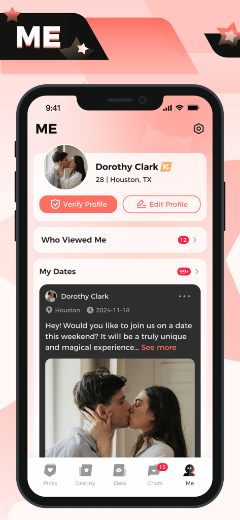 User profile interface of the KinkLife dating app featuring profile details and date postings