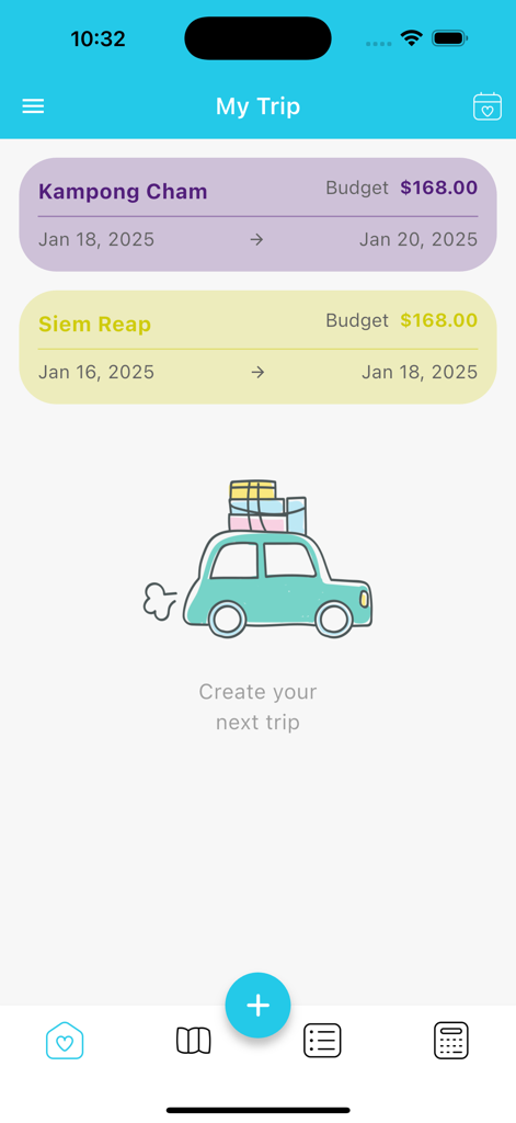 Mobile app interface displaying a list of travel itineraries with destinations dates and budget tracking