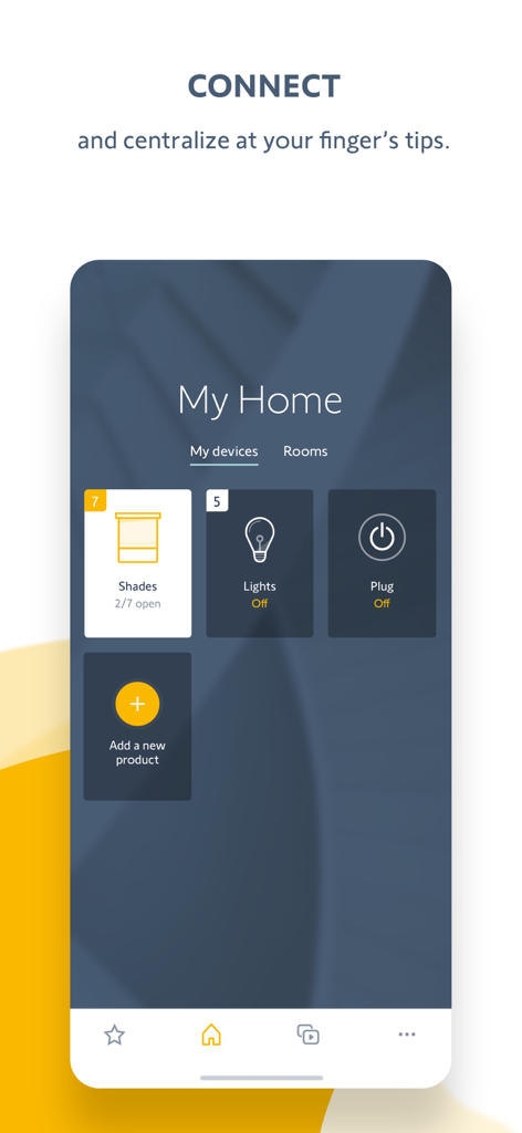 Interface do aplicativo TaHoma by Somfy mostrando controle centralizado para dispositivos de casa inteligente como persianas e luzes