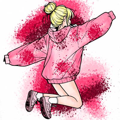 realistic girl jumping with a bun and oversized sweatshirt