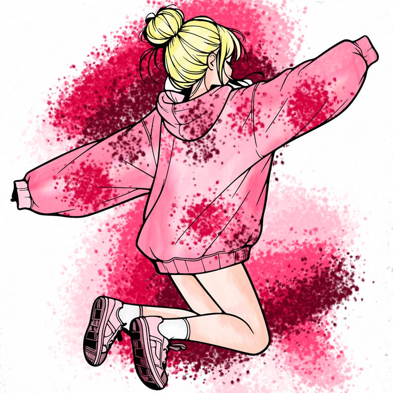 realistic girl jumping with a bun and oversized sweatshirt