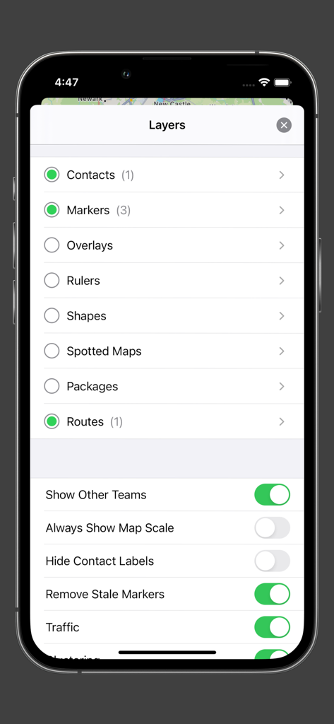 iTAK 앱의 지도 레이어 메뉴 화면, 연락처, 마커, 전술 설정 옵션 표시