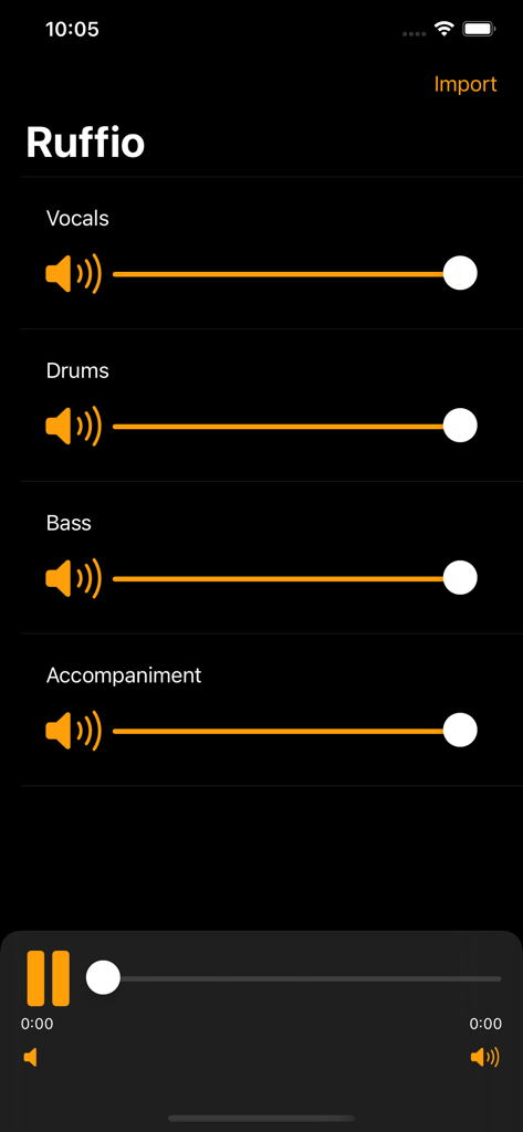Ruffio: Backing track creator - Interface of the Ruffio app showing sliders to adjust the volume of vocals, drums, bass, and accompaniment.