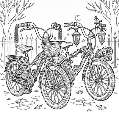 Discover a world where spooky meets sweet with our Gothic Kids' Bikes coloring page. This unique design features intricately adorned bicycles perfect for young artists aged 4-8 who love a touch of mystery and elegance.
