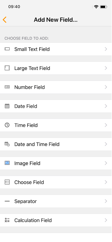 iDatabase - A list of database field types in the iDatabase app including text number date and calculation options