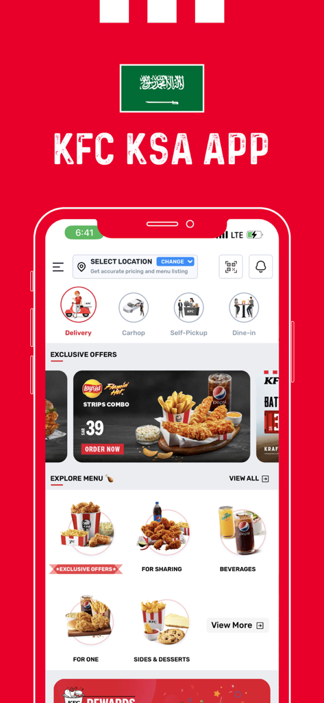 KFC Saudi Arabia - Schermata principale dell'app mobile KFC Arabia Saudita che mostra opzioni di servizio come consegna e carhop con offerte di cibo esclusive e categorie di menu