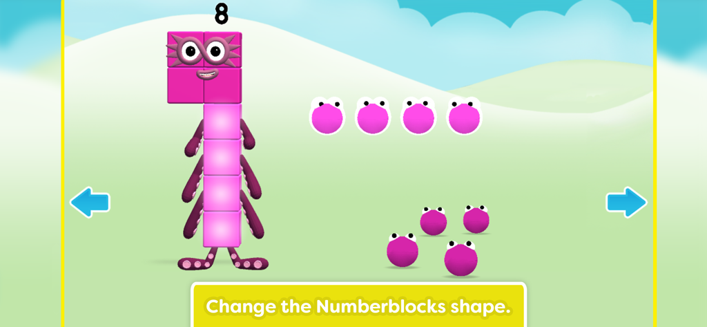 Meet the Numberblocks! - 就学前の子供向けの数え方アクティビティで、ナンバーブロックの「エイト」と8つのピンクのブロブ