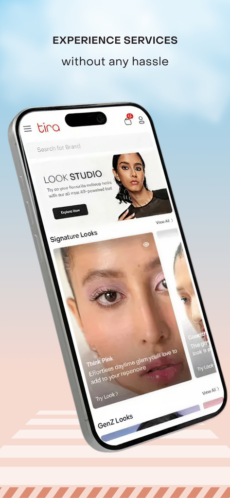 Tira: Online Beauty Shopping - La interfaz de la aplicación de belleza Tira presenta el Look Studio y el estudio de prueba virtual de RA con looks de maquillaje distintivos