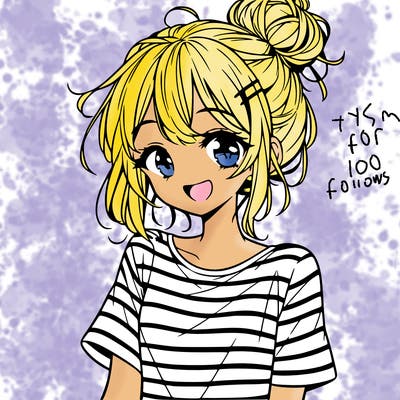 anime girl teenager striped shirt and smile and messy bun