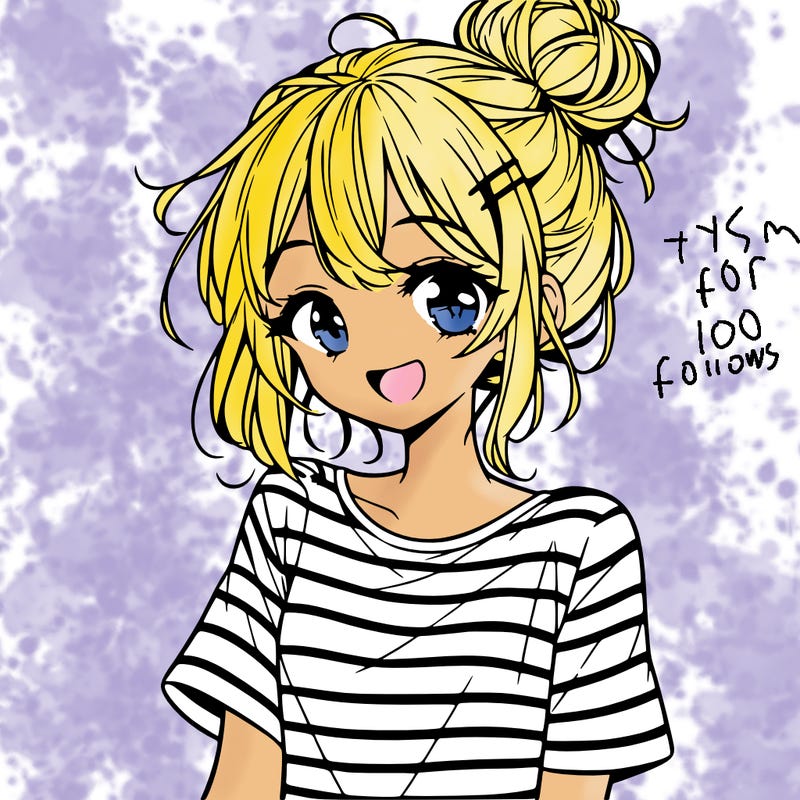 anime girl teenager striped shirt and smile and messy bun