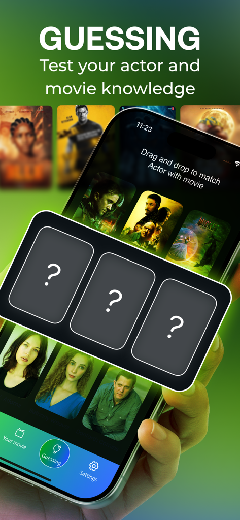 Onstream app screen showing a movie trivia guessing game where users match actors to films