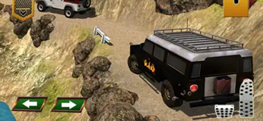 Black SUV driving on a narrow dirt mountain path in an offroad driving simulator