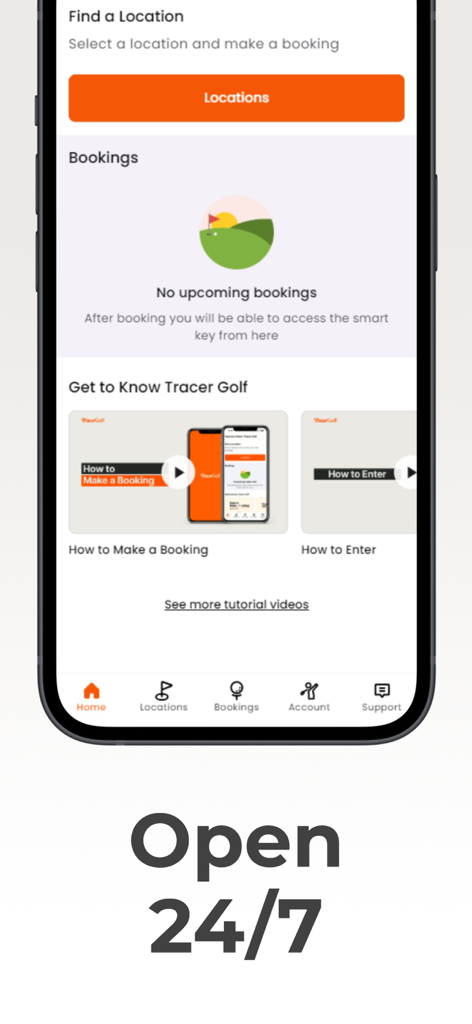 Tracer Golf - Écran d'accueil de l'application Tracer Golf affichant les options de réservation et la disponibilité 24h/24 et 7j/7.