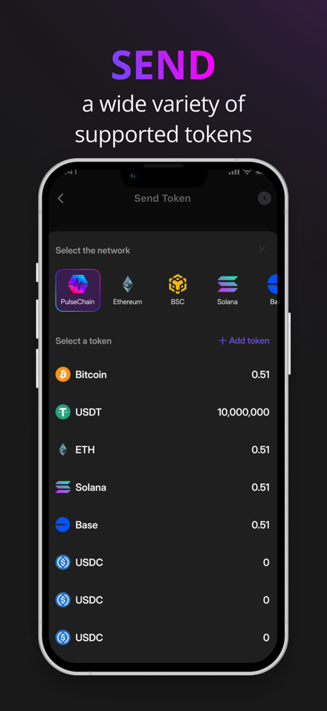 Interface Pulse Wallet pour envoyer des jetons sur plusieurs réseaux blockchain comme PulseChain et Ethereum
