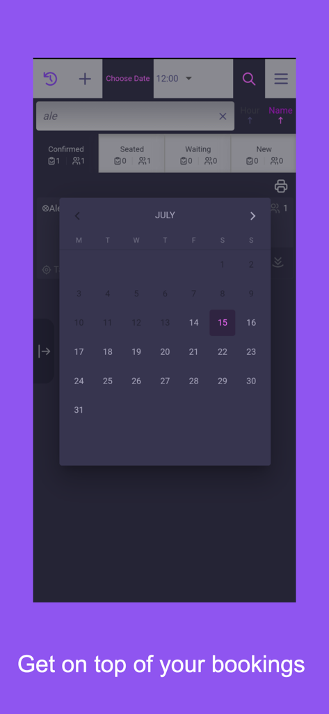 Reservation.Tools - Reservation.Tools app dashboard showing booking categories and a July calendar date picker
