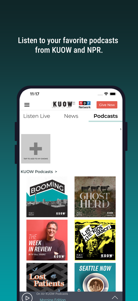 KUOW Puget Sound Public Radio - Interface of the KUOW Puget Sound Public Radio app showing a library of podcasts from KUOW and NPR.