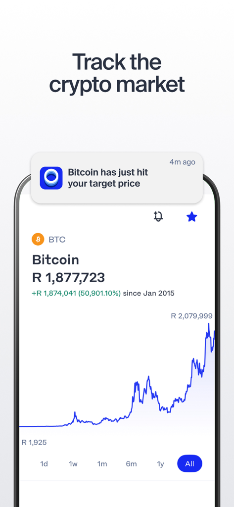Luno App-Oberfläche, die ein Bitcoin-Preisdiagramm und eine Benachrichtigung über das Zielpreis-Alert anzeigt.