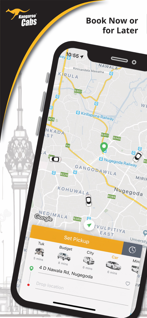 Kangaroo Cabs mobile app screen showing ride booking options on a map of Colombo Sri Lanka