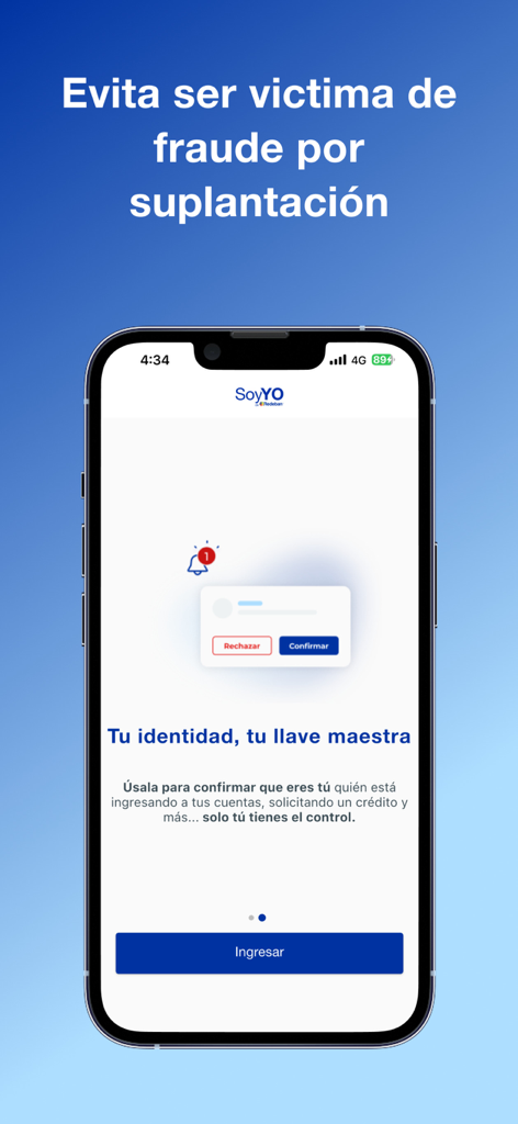 SoyYo - Identidad Digital - SoyYo app interface showing identity fraud prevention and biometric master key login