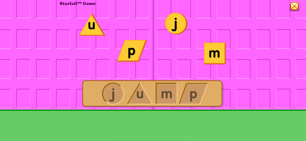 Um jogo de correspondência de letras e formas em ABCs da Starfall para crianças soletrar a palavra 'jump'