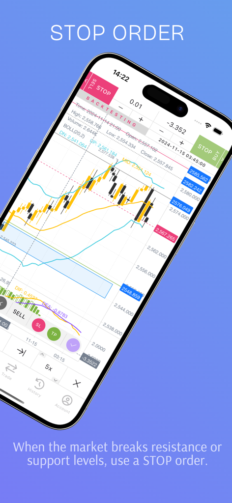 Forex Backtest - Interfaz de aplicación móvil para colocar órdenes de stop en un gráfico de velas de divisas durante el backtesting