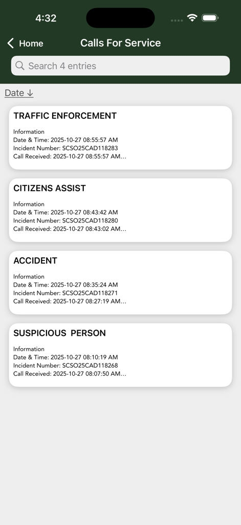 Sumter County Sheriff's Office - Calls For Service screen on the Sumter County Sheriff's Office app showing a list of recent incidents including traffic enforcement and accidents.