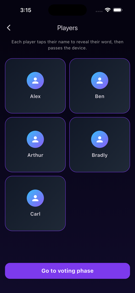 Schermata di selezione giocatore che mostra i nomi per la rivelazione delle parole nel gioco di società The Imposter