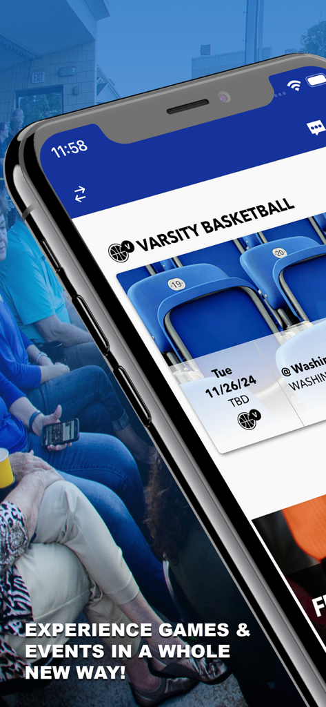 Snap! Mobile - Uno schermo di smartphone che mostra l'app Snap Mobile con il calendario delle partite di pallacanestro della squadra universitaria ed eventi imminenti del team.