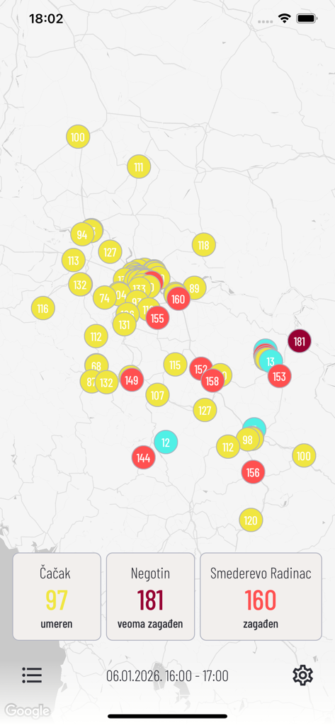 Kvalitet vazduha - Map of Serbia showing real-time air quality index levels with color-coded markers for different cities.