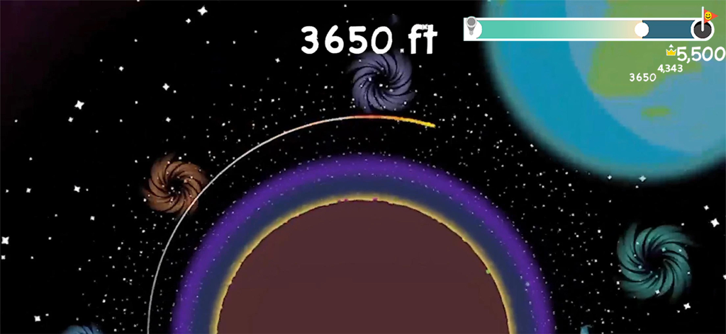 A golf ball flying through space past planets with distance tracker in Golf Orbit