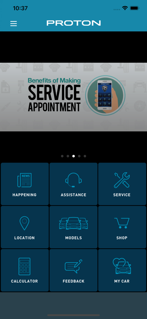 MyProton Official - MyProton official app home screen with service appointment banner and menu icons for service and assistance
