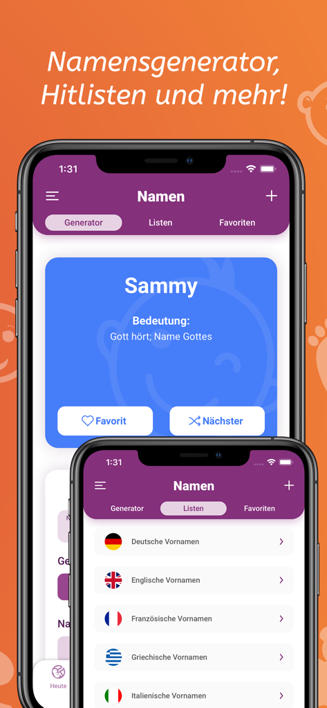 Babelli Schwangerschafts App - Babelliアプリのインターフェース。赤ちゃん名ジェネレーターと国際的な名前のリストが表示されています。