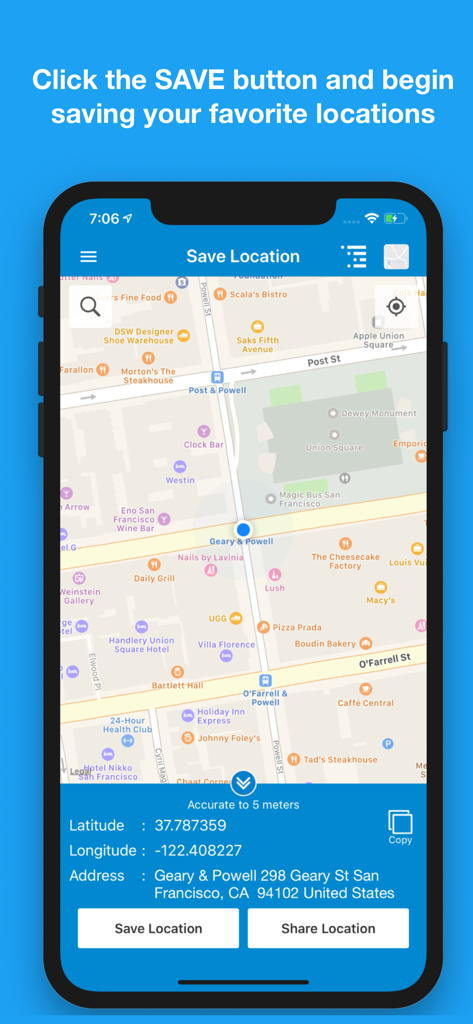 Save Location GPS - Save Location GPS app interface showing precise coordinates and address on a map