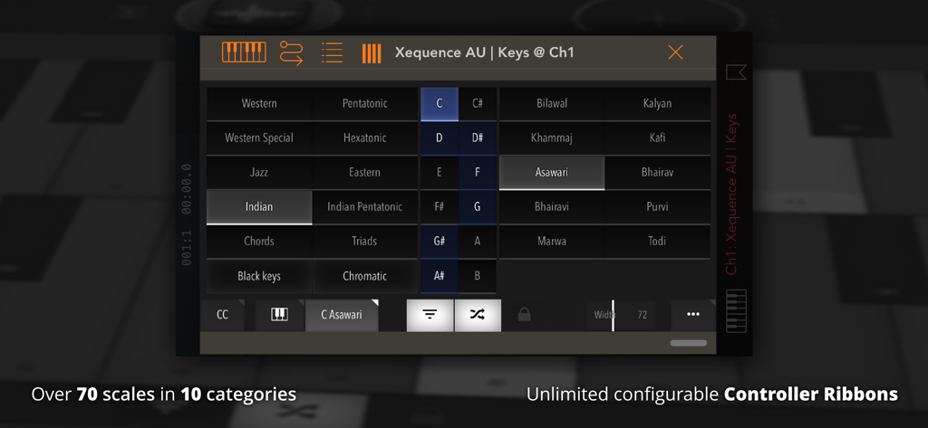 Interface of Xequence AU Keys app showing over 70 musical scales and categories for MIDI control