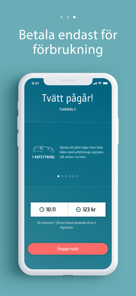 Glimra - Glimra app interface displaying an active car wash session with a live timer and cost tracking.